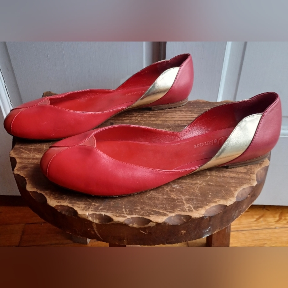Delman Reddish Orange Leather Flats With Metallic Gold Accents